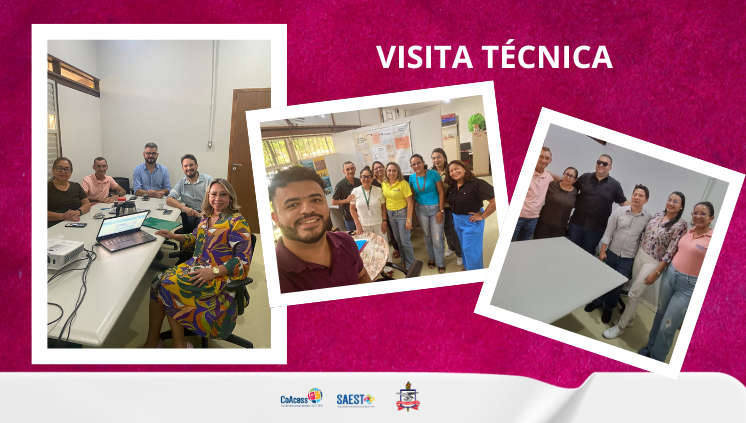 Card com fundo rosa pink. Três fotos inseridas. A primeira foto, da esquerda para direita, 5 pessoas envolta de uma mesa retangular. Na foto do meio, uma self contendo em primeiro plano,  um homem com barba, sorrindo, em segundo plano, sete pessoas sorrindo. A terceira foto, seis pessoas em pé sorrindo, dentre elas 2 pessoas são cegas.  