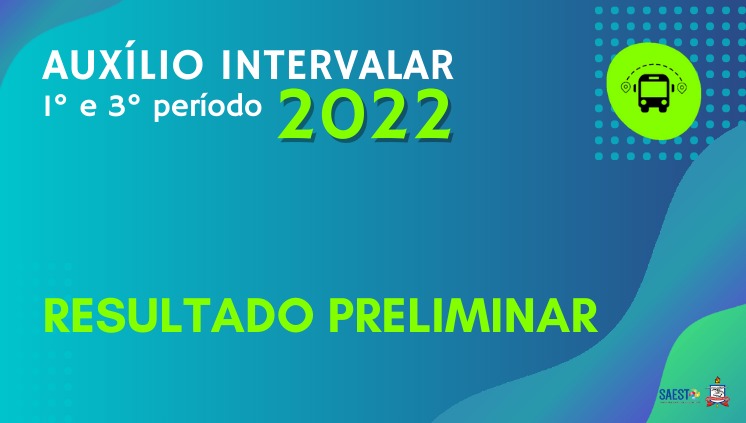 Sobre um fundo azul escrito em letras brancas Auxílio Intervalar primeiro e segundo períodos de 2022 Resultado final. À esquerda, no canto superior, a imagem de um ônibus.