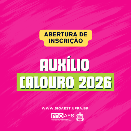 Imagem com fundo em tons de rosa intenso, com textura que lembra pinceladas ou movimento suave.Na parte superior esquerda, há o logotipo da PROAES, com o nome “Pró-Reitoria de Assistência e Acessibilidade Estudantil” em letras pequenas.No centro superior, um destaque em formato de etiqueta amarela traz o texto em letras maiúsculas: “ABERTURA DE INSCRIÇÃO”.